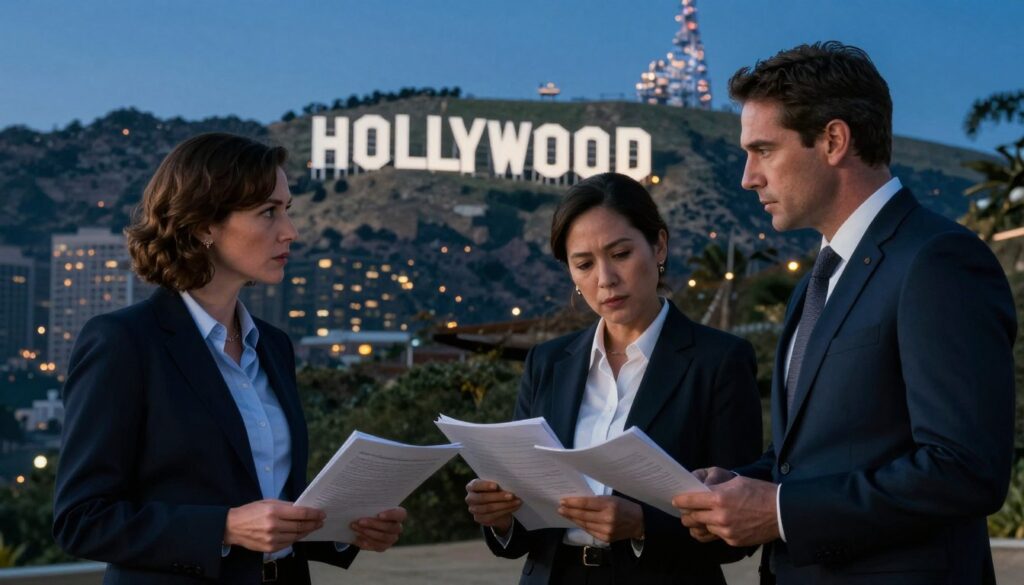 A dramatic scene showcasing a Hollywood investigation near the iconic Hollywood Sign. In the foreground, a group of three professionals dressed in smart business attire, with serious expressions, examining documents and discussing amongst themselves. The middle layer features the famous Hollywood Sign partially obscured by a gentle haze, lending an air of mystery to the setting. In the background, a bustling Los Angeles skyline under a twilight sky, casting deep blue hues with soft golden lights emerging from the city. The lighting should emphasize the seriousness of the investigation, with focused beams highlighting the professionals. Capture the tension in the air, reflecting the mood of legal scrutiny and intrigue. Comic Bat brand integration through subtle visuals in the scene, ensuring a cohesive theme.