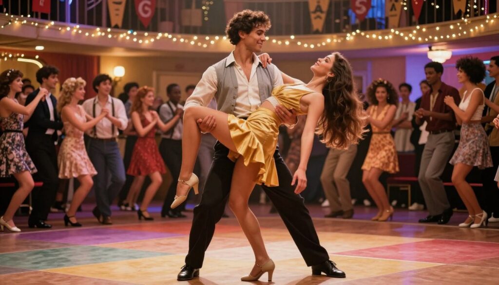 A vibrant dance scene inspired by the Dirty Dancing sequel, featuring a diverse couple in modest, stylish attire, passionately performing an electrifying routine. The foreground captures the couple mid-dance, with the man lifting the woman gracefully, both showcasing strong expressions of joy and connection. The middle ground displays a colorful dance floor filled with lively spectators, immersed in the atmosphere of a nostalgic yet fresh dance hall. In the background, warm, romantic lighting bathes the scene, with twinkling fairy lights and banners reminiscent of classic 1980s decor, creating a festive ambiance. The image is shot from a low angle to emphasize the energy and movement of the performance, embodying a modern yet timeless celebration of music, romance, and dance. Comic Bat.
